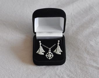 Sterling Sailor earring + necklace jewelry set. Nautical themed jewelry for the voyager traveler wanderer explorer adventurer. Silver gifts.
