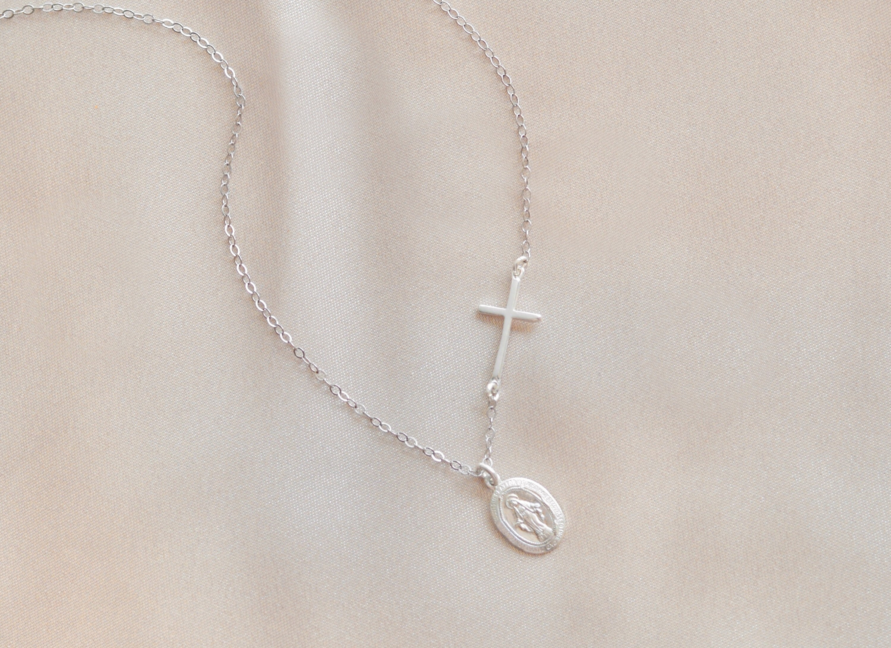 Miraculous Medal Cross necklace. Sterling silver side Cross Virgin Mary oval medallion jewelry. # Blessed Holy Mother Mary Guadalupe