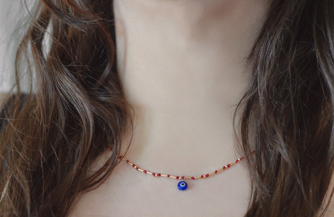 Evil Eye Red String Knotted Silk Necklace. 14KT Gold Filled. Protection ...