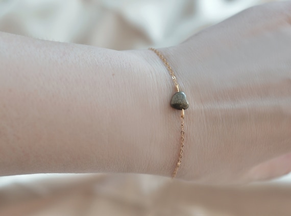 Pyrite Heart Bracelet. Dainty 14kt gold filled or sterling silver sparkling chain, tiny gemstone heart. Abundance prosperity success stone.