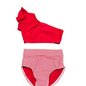 Red One Shoulder Ruffle Crop Top with Matching High Waist Red and White Gingham Briefs - Adorable Dancewear