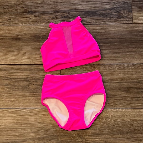 Bright Neon Pink Mesh Halter Top and Matching Briefs - Cute Dance Set