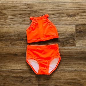 Bright Neon Orange Mesh Halter Top and Matching Briefs - Cute Dance Set