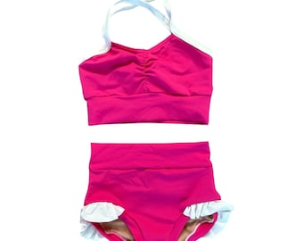 Pink Crop Top with White Straps and Matching Pink High Waist Briefs - Adorable Dancewear