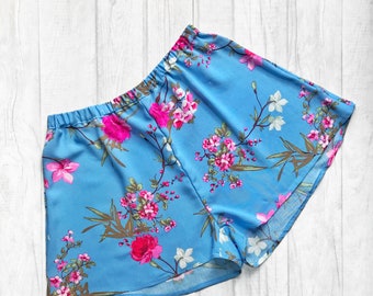 Handmade blue blossom print high waisted shorts. UK sizes 4-18 (US sizes 0-14).