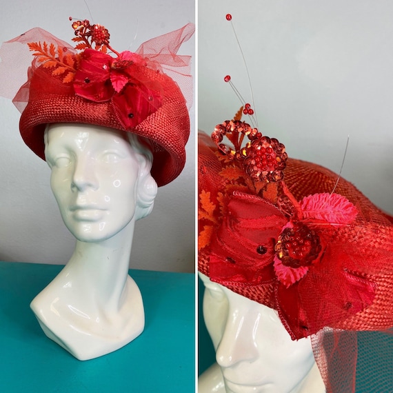Vintage 1960s Hat • Red Straw Embellished Pillbox
