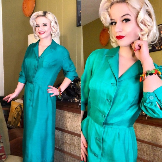 Vintage 1950s Dress • Teal Metallic Shirtwaist Dre