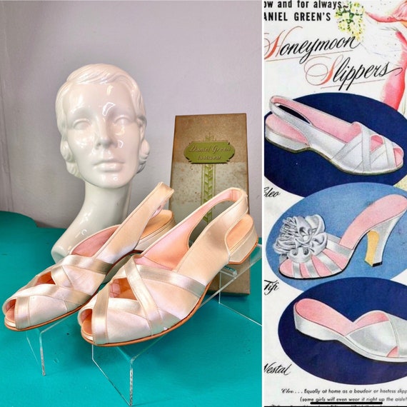 Vintage 1940s Slippers • Ivory Satin Boudoir Bedro