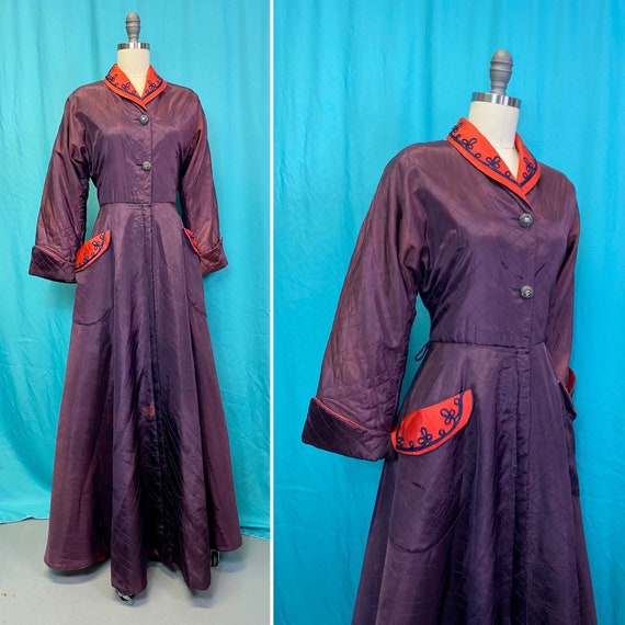 Vintage 1940s Robe • Purple & Red Quilted Dressing