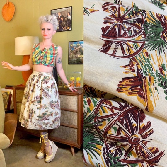 Vintage 1950s Skirt • Western Novelty Print Skirt