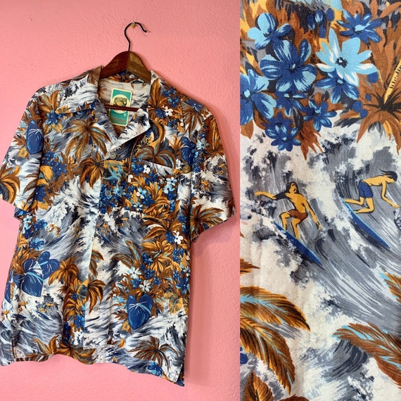Vintage 1950s Shirt • Blue Surfer Scene Hawaiian S