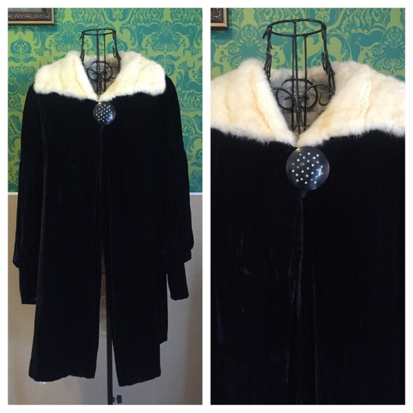 Vintage 1920s Flapper Coat - Black Velvet Bejeweled Celluloid Button White Fur Collar and Balloon Sleeves - M