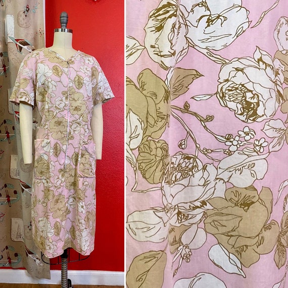 Vintage 1960s House Dress • Pink Rose Print Cotton