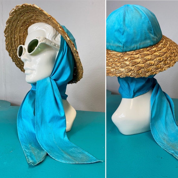 Vintage 1950s Hat • Straw Sun Hat with Attached Bl