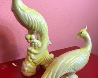 Pair of Vintage 1950s Chalkware Yellow Bird Figurines