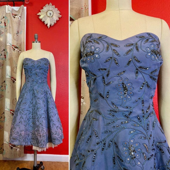 Vintage 1950s Dress • Periwinkle Blue Strapless Sp