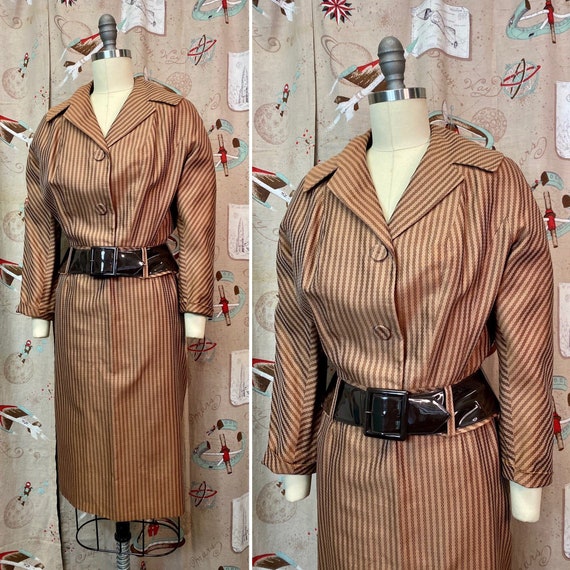 Vintage 1950s Suit • Light Brown Striped Summer Su