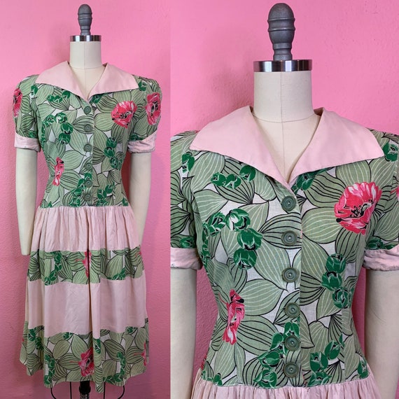 Vintage 1940s Dress • Hawaiian Tropical Print Day
