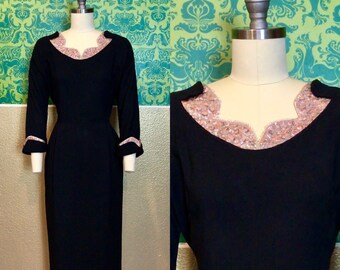 Vintage 1940s Dress - Black Crepe Dress w Pink Satin & Sequin Accents - M