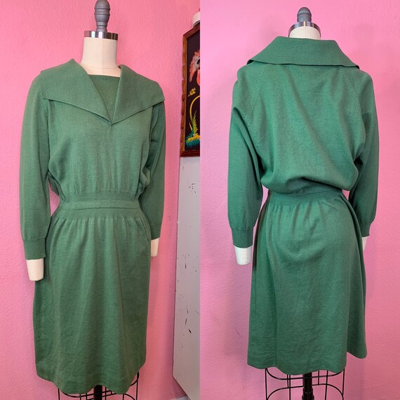 Vintage 1950s Dress • Green Knit Sweater Secretary