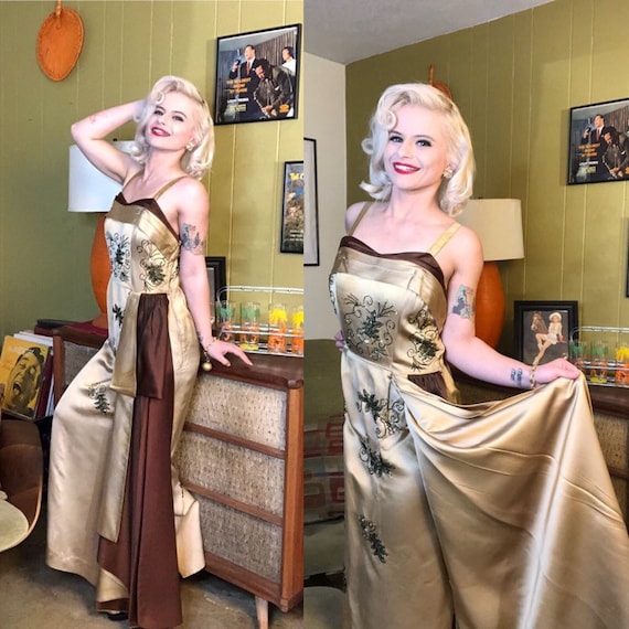 Vintage 1950s Dress • Gold & Brown Liquid Satin Be