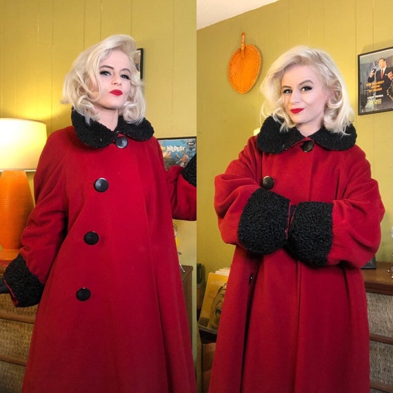 Vintage 1940s Coat • Cherry Red Wool Trimmed Forst