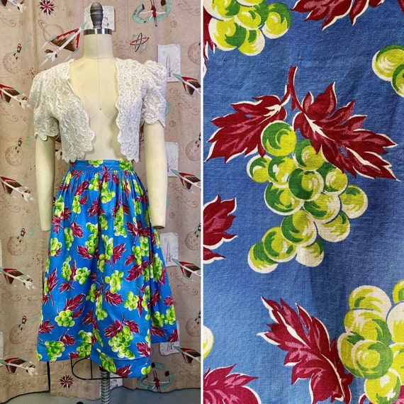 Vintage 1940s Skirt • Novelty Print Grape Linen Sk