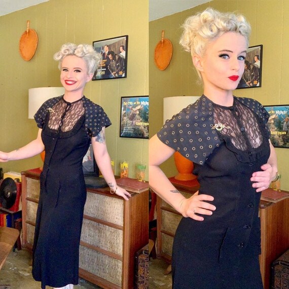 Vintage 1940s Dress • Studded Black Crepe Dress •