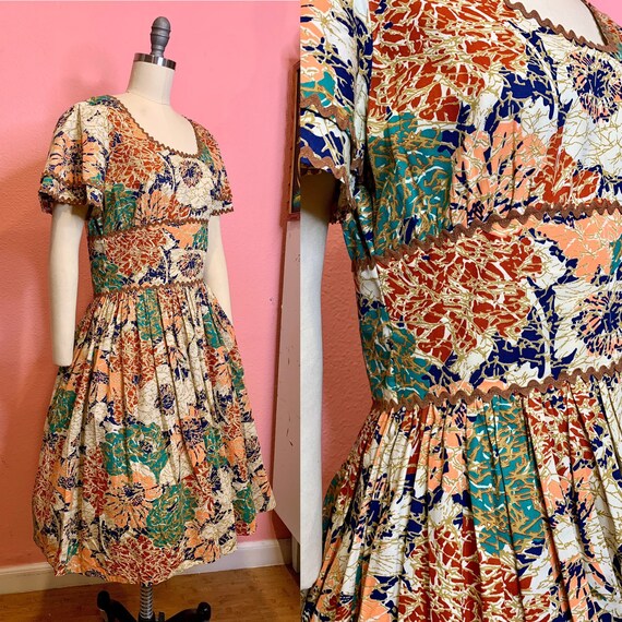 Vintage 1950s Dress • Bright Abstract Floral Print