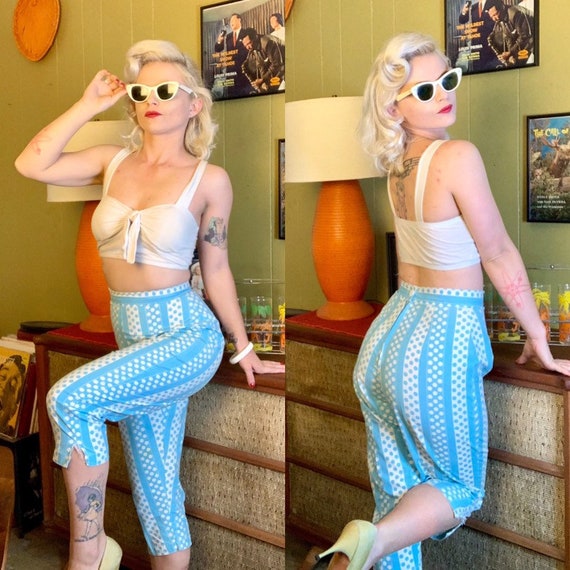 Vintage 1950s Capris • Baby Blue Polka Dot Cigaret