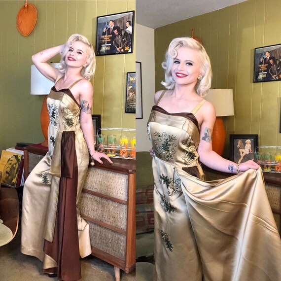 Vintage 1950s Dress • Gold & Brown Liquid Satin Be