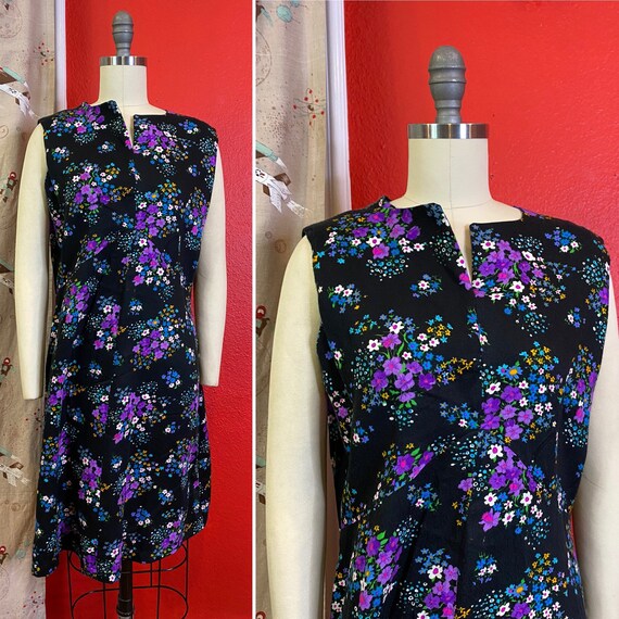 Vintage 1960s Dress • Black Floral Barkcloth Mini