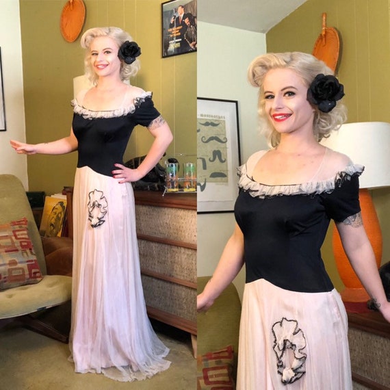 Vintage 1940s Dress • Pink & Black Color Block Flo