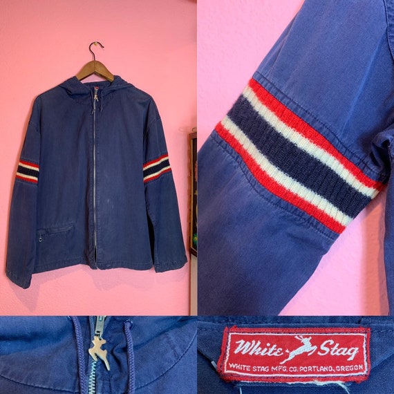 Vintage 1950s Jacket • Blue Hooded Rain Jacket wit