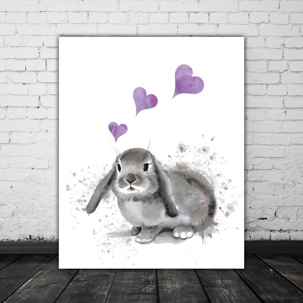 Cute Bunny Print, Gray Watercolor Rabbit Art, Cute Animal Print Decor, Purple Gray Nursery, Girl Nursery Decor, Printable Animal Art Nursery