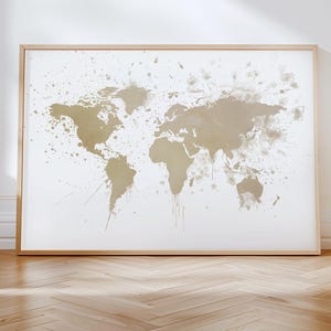 Beige Weltkarte Print, Neutrales Reise-Dekor, Aquarell Weltkarte Wandkunst, druckbare Erde Kunstwerk, abstraktes Wanderlust Poster, Instant Art