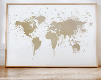 Beige World Map Print, Neutral Travel Decor, Watercolor Wall Art, Earth Artwork, Wanderlust Poster