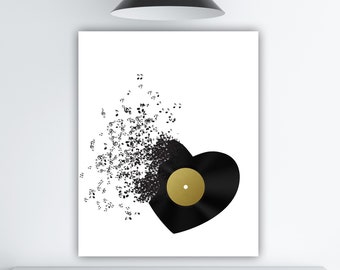 Notas musicales Record Art, Music Lover Gift, Black White Gold Foil Art Print, Music Note Art, Black Heart Decoration, Musician Gift Treble Clef