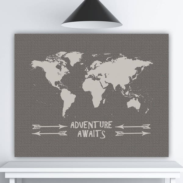 Adventure Awaits Printable World Map, World Travel Decor, Adventure Quote, Travel Printable Artwork, Silver Print, INSTANT DOWNLOAD