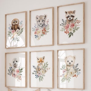 Set di 6 stampe di simpatici animali, poster stampabile di cuccioli di animali, stampe da parete acquerellabili per cameretta dei bambini, set da parete per galleria per cameretta dei bambini, decorazioni da parete floreali invernali