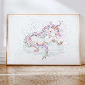 Watercolor Unicorn Art Print, Pink Green Nursery Wall Art, Whimsical Kids Room Decor, Girls Room Poster, Baby Shower Gift, Instant Download