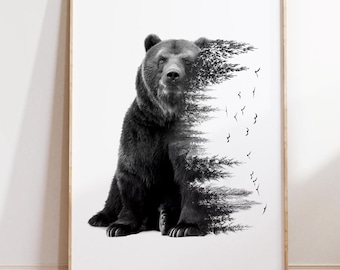 Grizzly Bear Art Print: Black and White Forest Animal Poster (Digital Download)