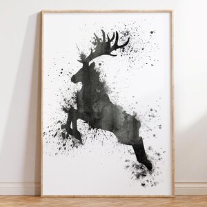 Schwarzer Aquarell Hirsch Druck, Schwarzweiß Kunst, Hirsch Wandkunst, Druckbare Waldtier Wanddekoration, Bauernhaus Poster, Wald Kunstwerk
