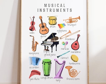 Montessori Printable Classroom Decor, Watercolor Musical Instruments Print, Homeschool Poster, Educational Wall Art