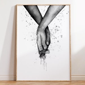 Pareja tomados de la mano impresión, arte blanco y negro, decoración de la pared del amor, impresión de parejas románticas de acuarela, cartel imprimible, descarga instantánea