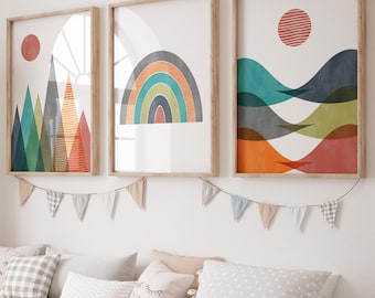 Nursery Print Set of 3, Watercolor Mountain Artwork, Rainbow Wall Art, Sunshine Poster