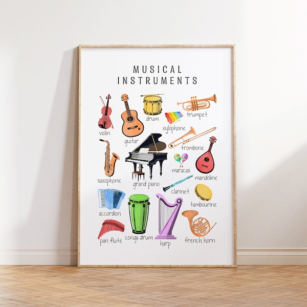 Musical Instruments Wall Art, Homeschool Montessori Learning Material, Music Classroom Poster, Rainbow Preschool Print, Educational Decor