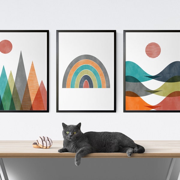 Nursery Print Set of 3, Kids Room Watercolor Abstract Wall Set, Colorful Mountain Wall Art, Minimalist Rainbow Poster, Boho Sunshine Artwork