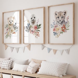 Set di 3 stampe di cuccioli di animali, poster di animali artici, stampe da parete acquerellate per bambini, decorazioni floreali per pareti, graziosi animali invernali.