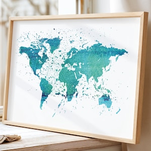 Weltkarte Poster, Sofortdruck Erde Wandkunst, druckbare Karte Kunstwerk, blau grün Aquarell Weltkarte Wanddekor, herunterladbarer Kunstdruck